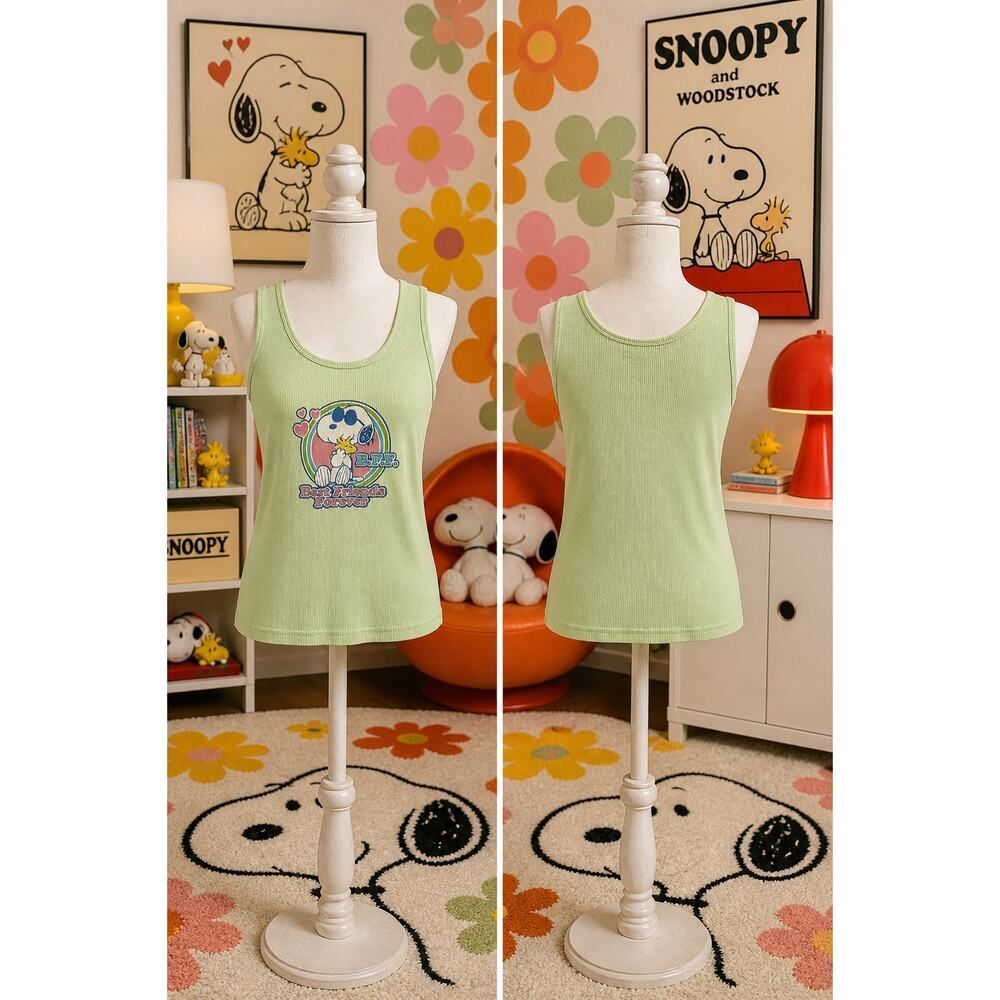Vintage Peanuts Snoopy Woodstock BFF Ribbed Tank Top Green Sz S Y2K